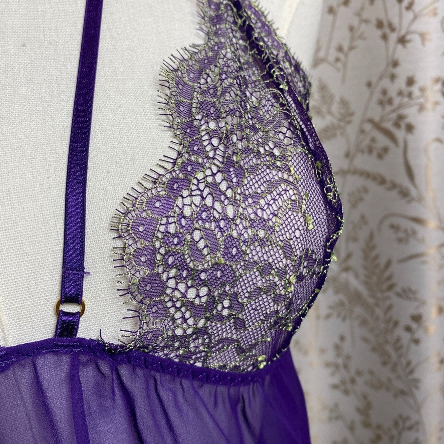 Victorias Secret Purple Chiffon Lace Babydoll Large Cage Back Whimsigoth Regency