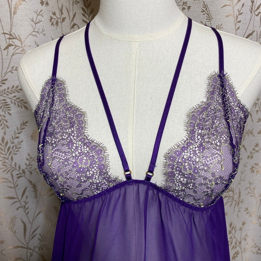 Victorias Secret Purple Chiffon Lace Babydoll Large Cage Back Whimsigoth Regency