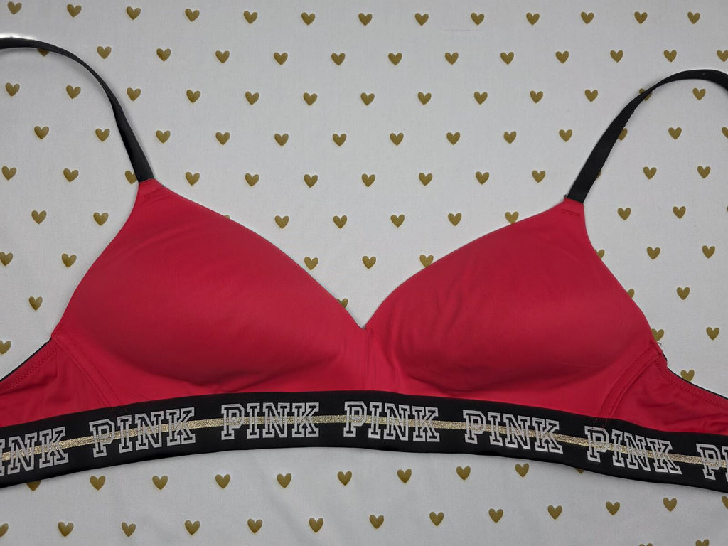 Victorias Secret PINK Red Logo Strap Wireless NO Wire Bra 36C Wear Everywhere