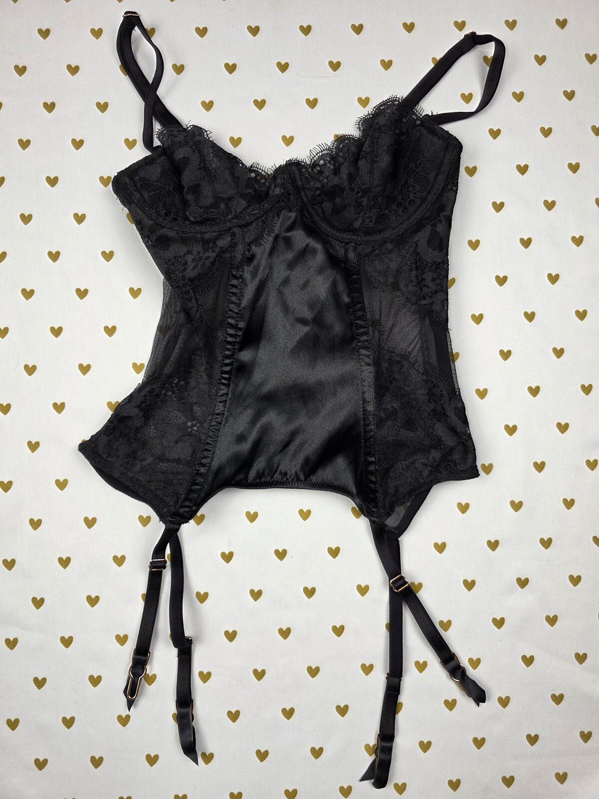 Victorias Secret Black Satin 32B Corset Top Lingerie Garter Straps Underwire