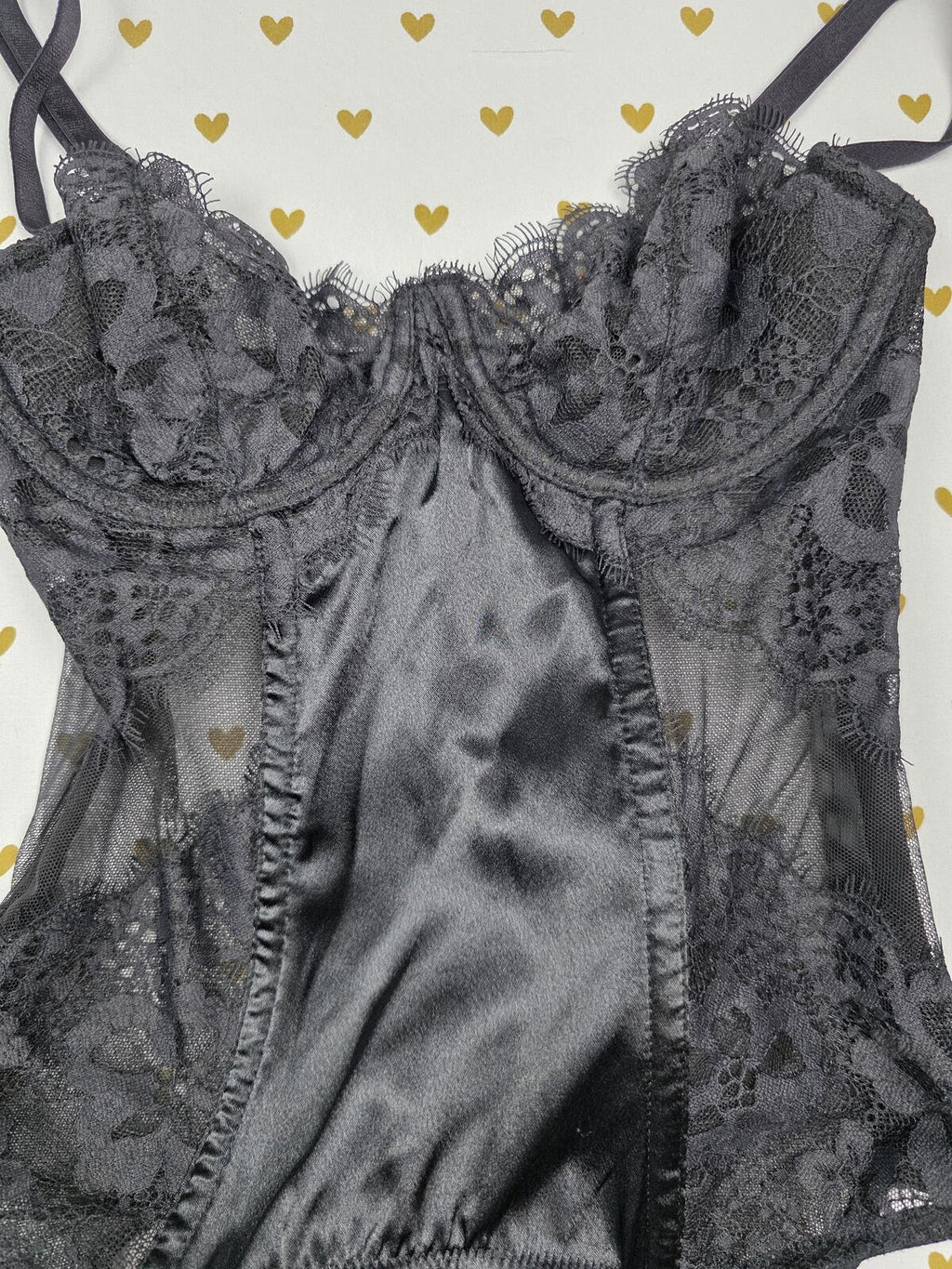 Victorias Secret Black Satin 32B Corset Top Lingerie Garter Straps Underwire