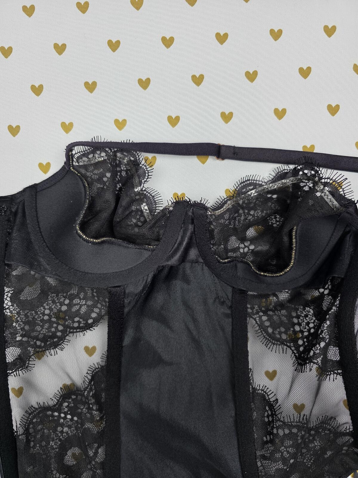 Victorias Secret Black Satin 32B Corset Top Lingerie Garter Straps Underwire