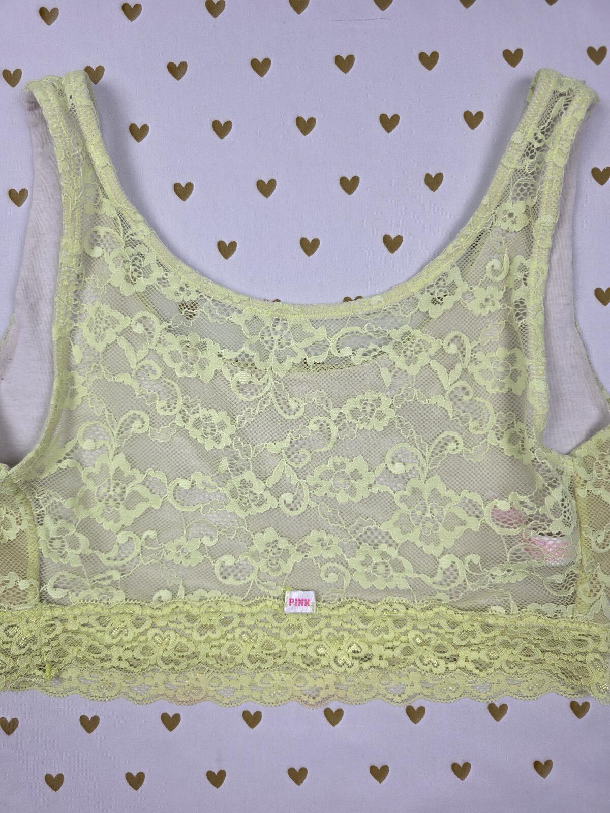 Victorias Secret Pink Yellow Lace Stretchy Small Vintage Bralette Bra Top Tank