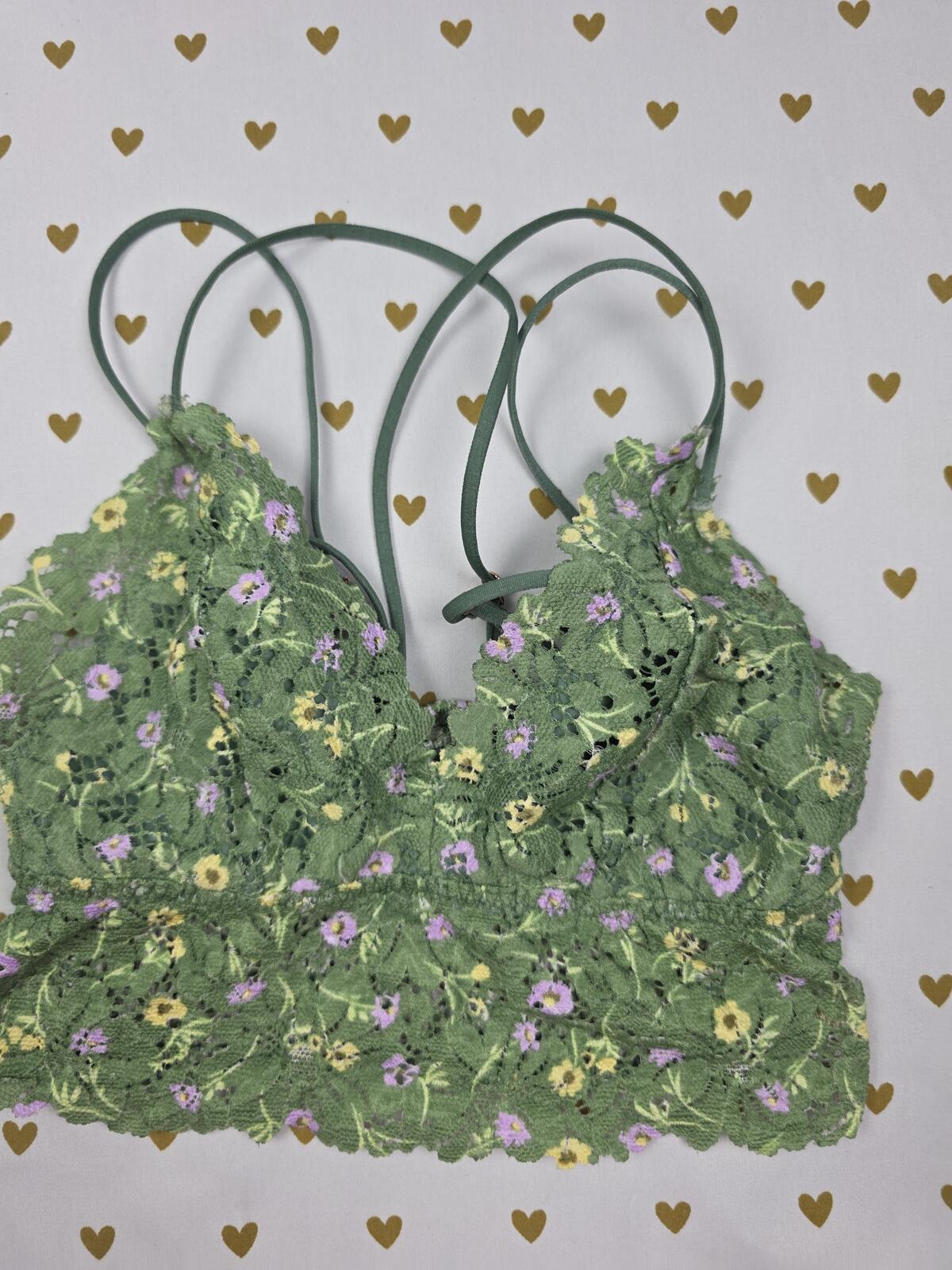 Victorias Secret Pink XS Green Strappy Floral Bralette Bra Top Tank