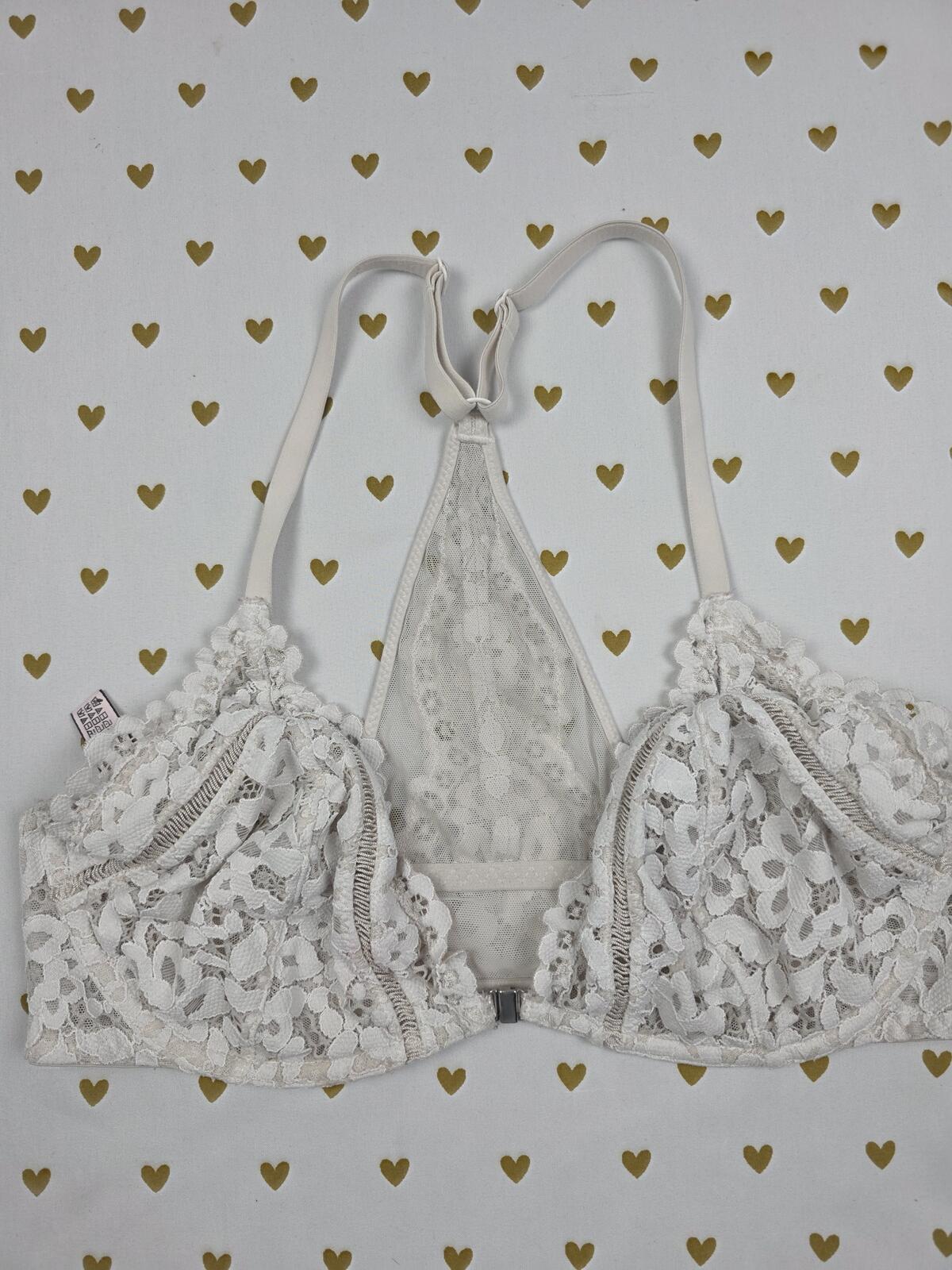 Victorias Secret white Lace Racerback Front close Unlined Plunge bra 36D