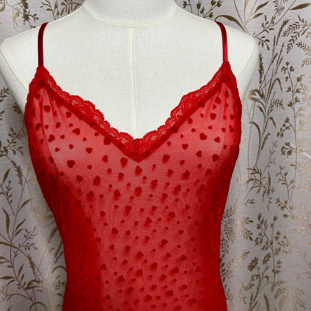 Victorias Secret Red Heart Sheer Mesh Slip Dress Large High Stretch Bodycon Sexy