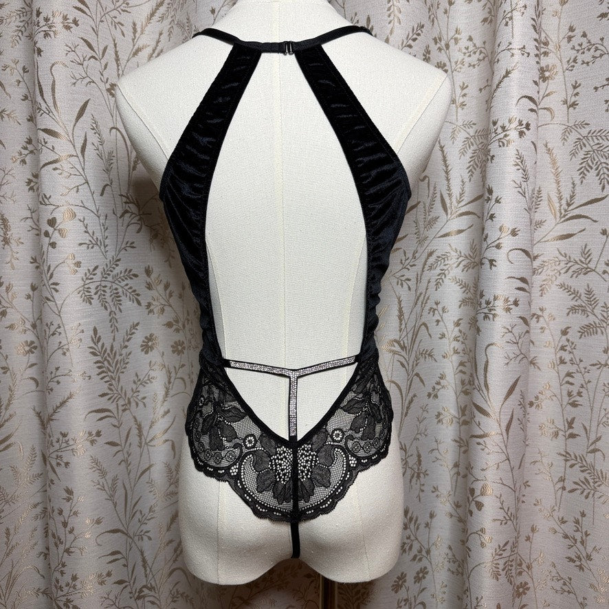Victorias Secret Black Velvet Shine Teddy Bodysuit M/L Open Back Rhinestone Sexy