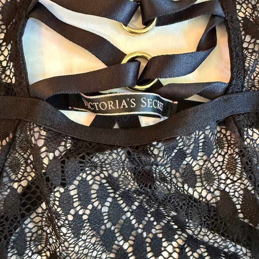 Victoria's Secret Women Black Lace Strappy Cage Teddy Large Vampy Glam Boudoir
