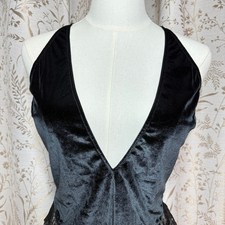 Victorias Secret Black Velvet Shine Teddy Bodysuit M/L Open Back Rhinestone Sexy