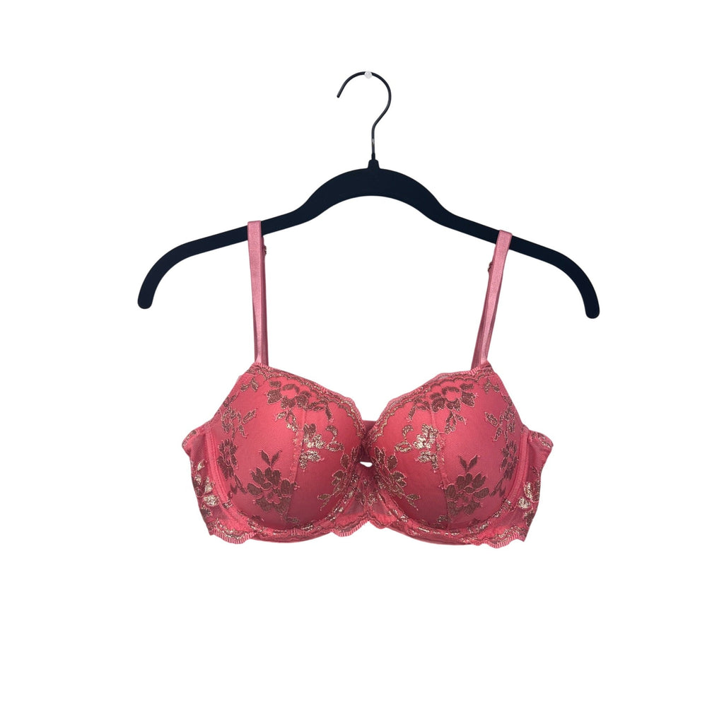 Victorias Secret 32DD Pink Floral Lace Underwire Bra With Metallic Accents Adjustable Straps Hook Closure #6831