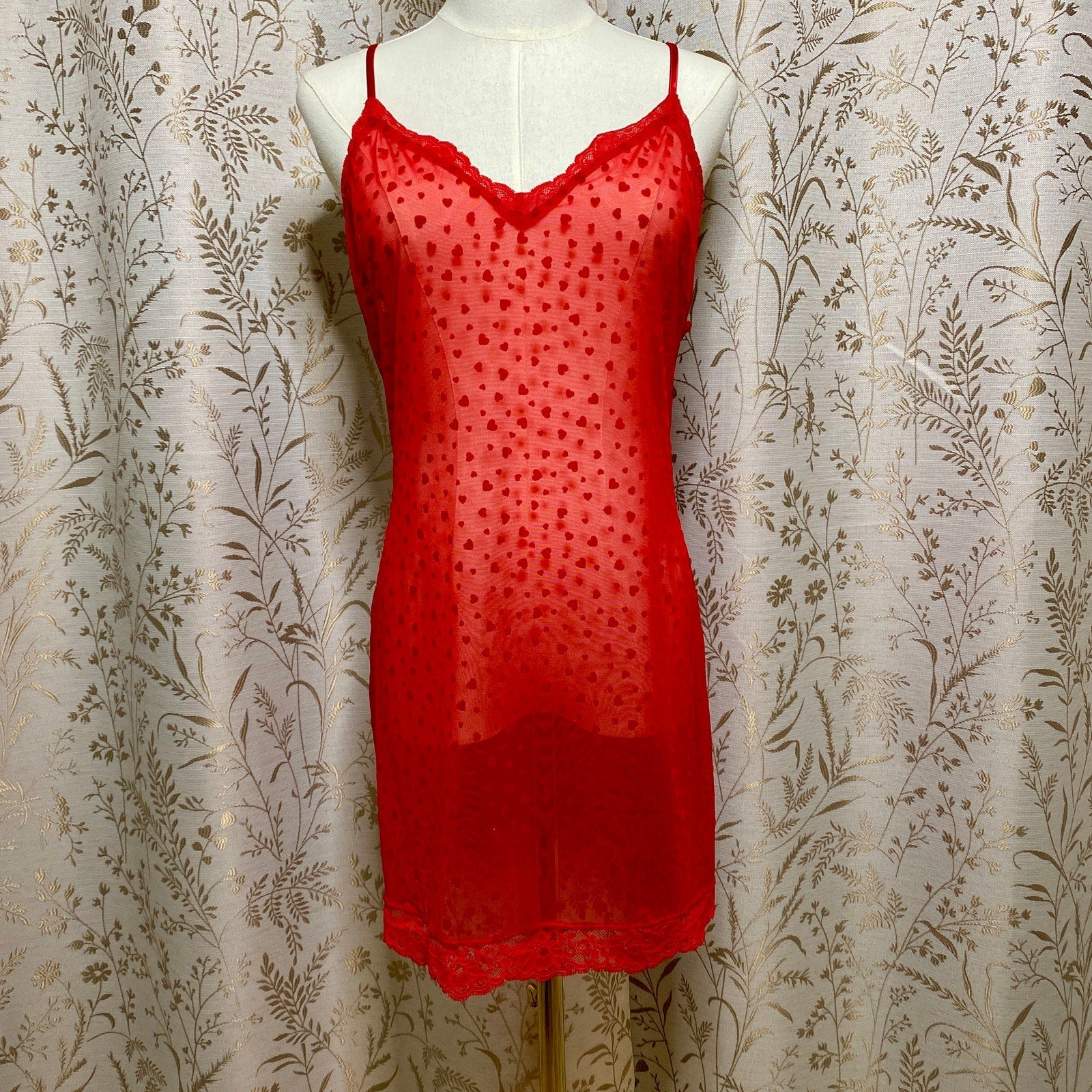 Victorias Secret Red Heart Sheer Mesh Slip Dress Large High Stretch Bodycon Sexy