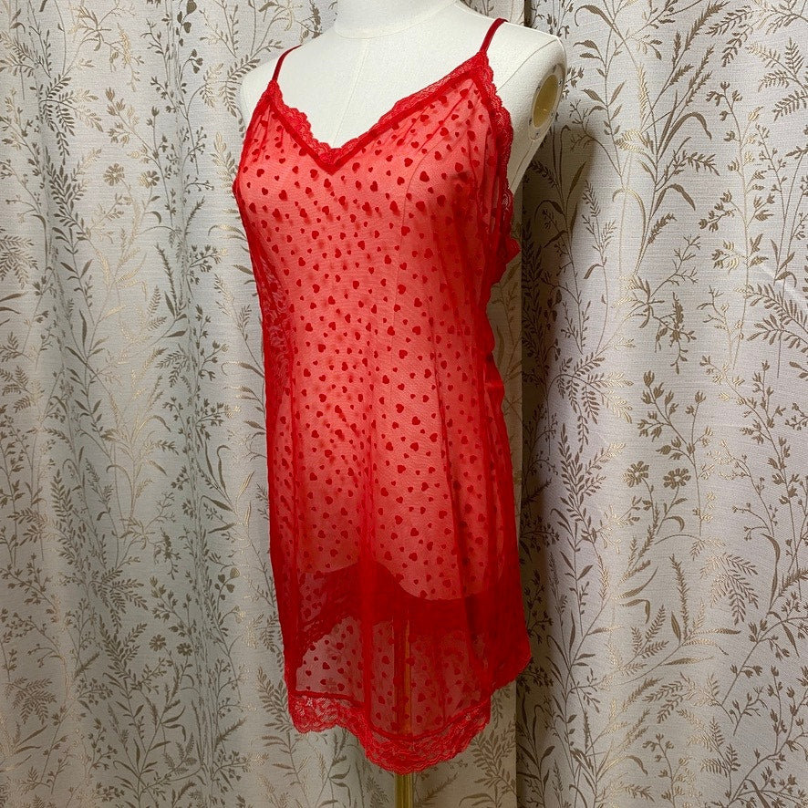 Victorias Secret Red Heart Sheer Mesh Slip Dress Large High Stretch Bodycon Sexy