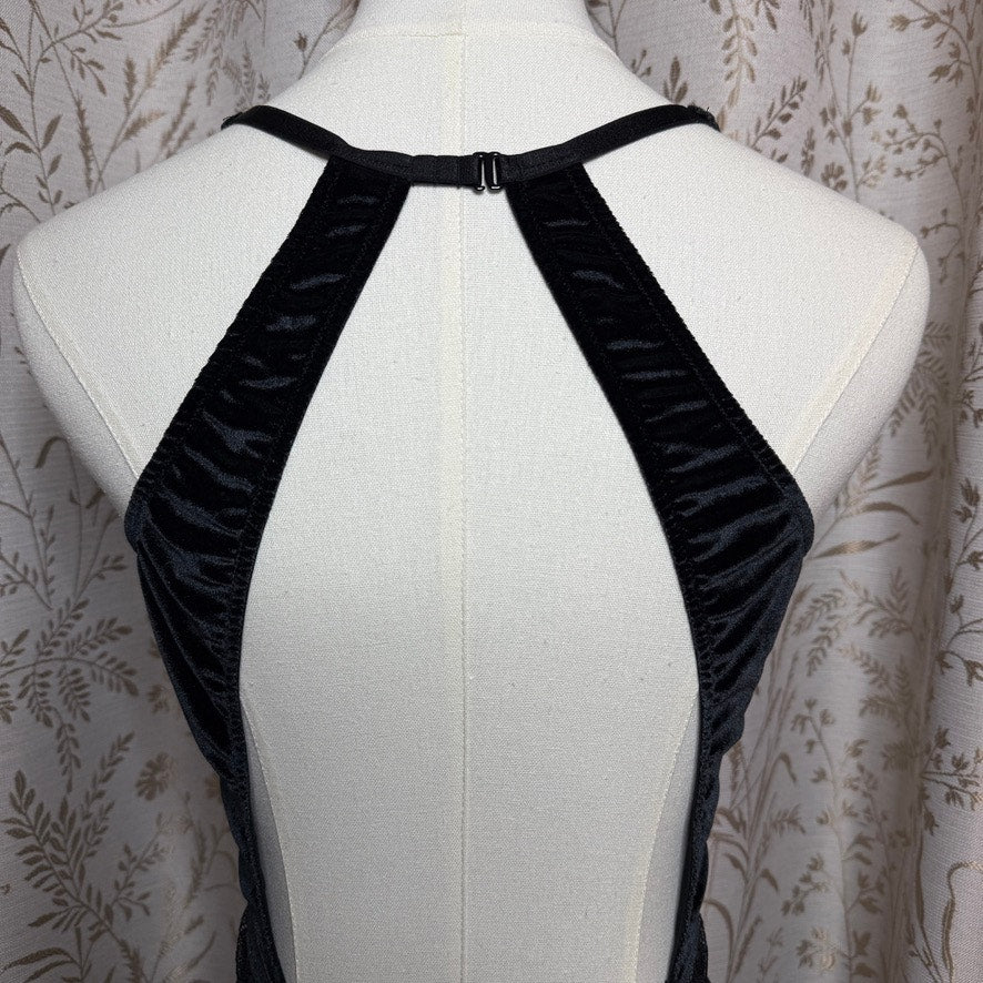 Victorias Secret Black Velvet Shine Teddy Bodysuit M/L Open Back Rhinestone Sexy