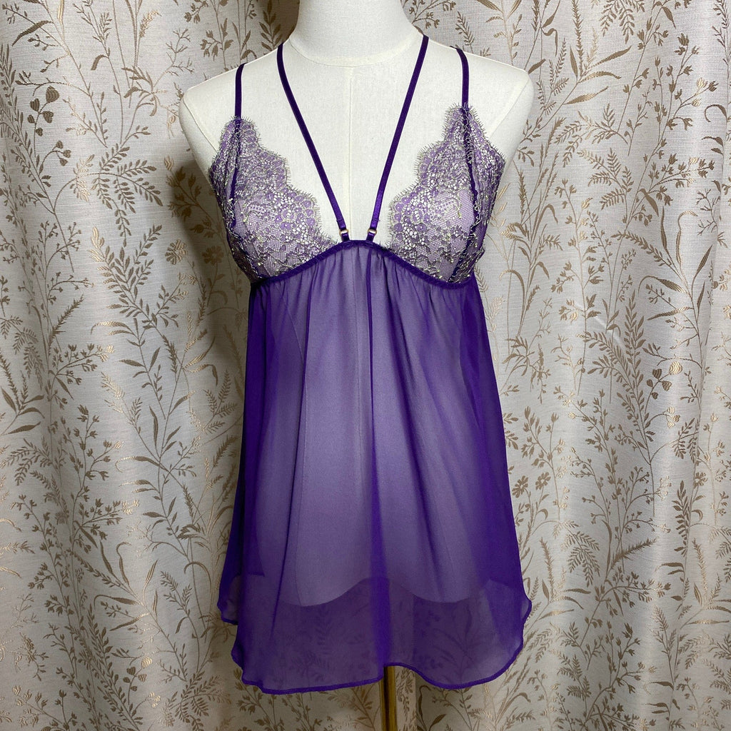 Victorias Secret Purple Chiffon Lace Babydoll Large Cage Back Whimsigoth Regency