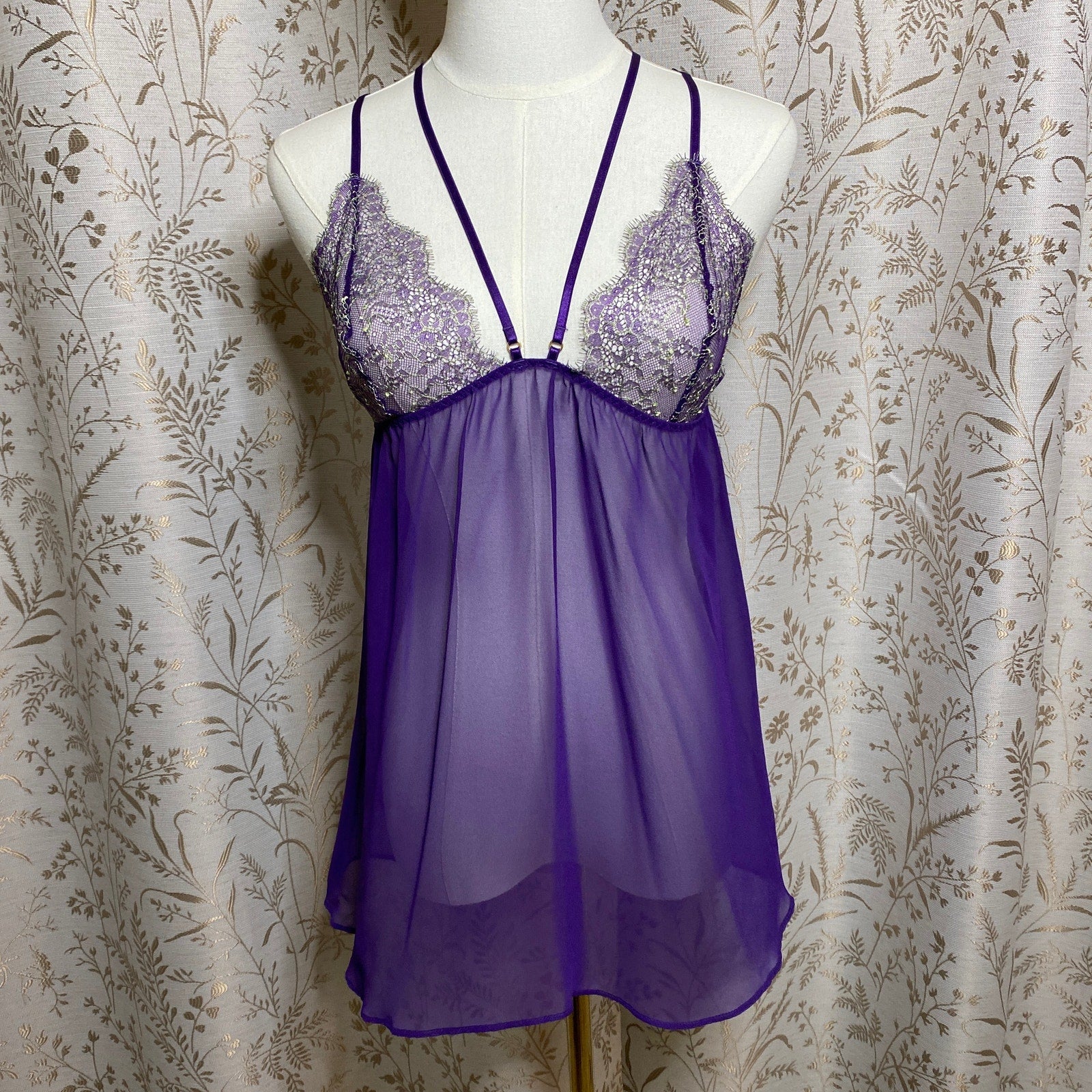Victorias Secret Purple Chiffon Lace Babydoll Large Cage Back Whimsigoth Regency