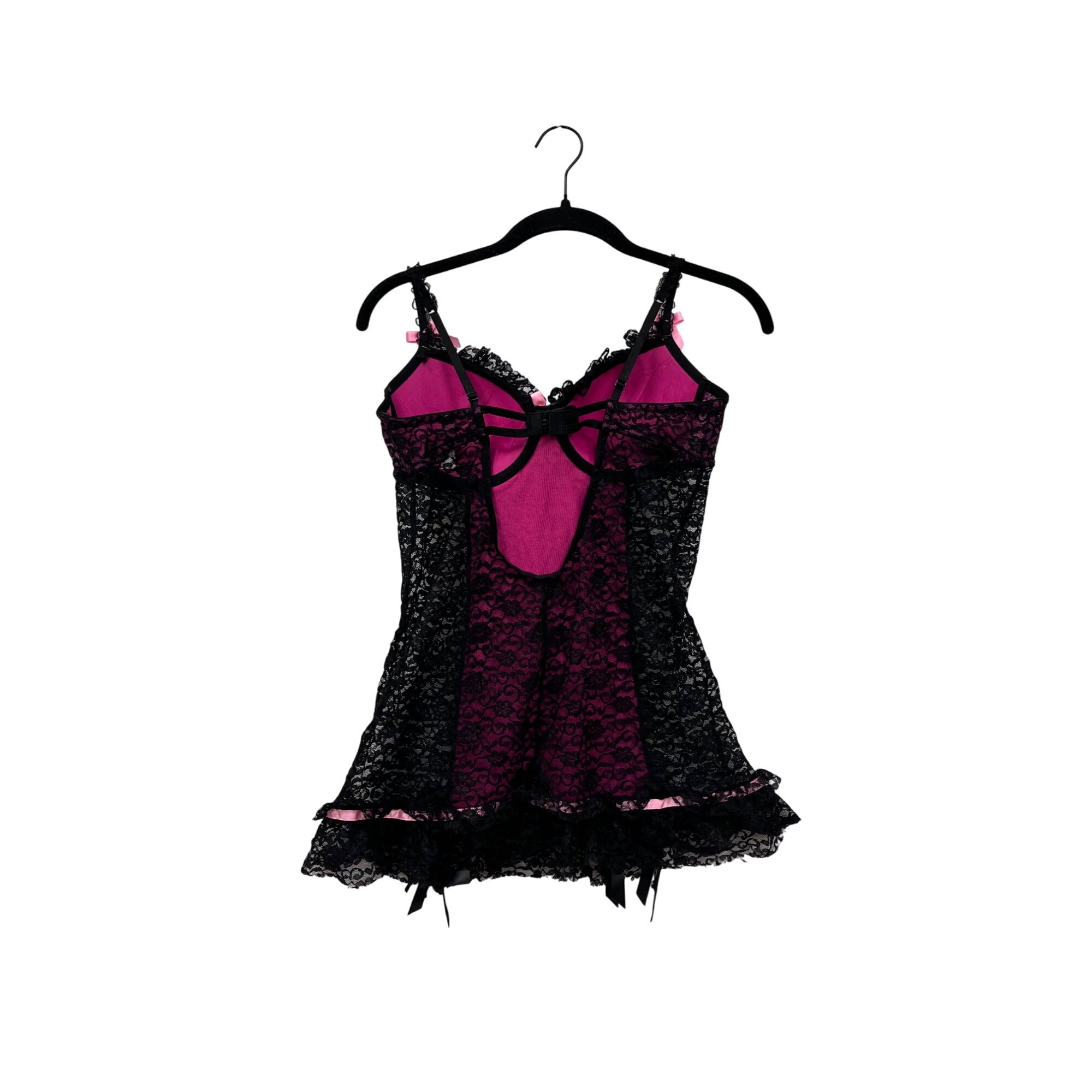 Victorias Secret Black & Pink Lace Babydoll Lingerie With Satin Bows 36C #8107