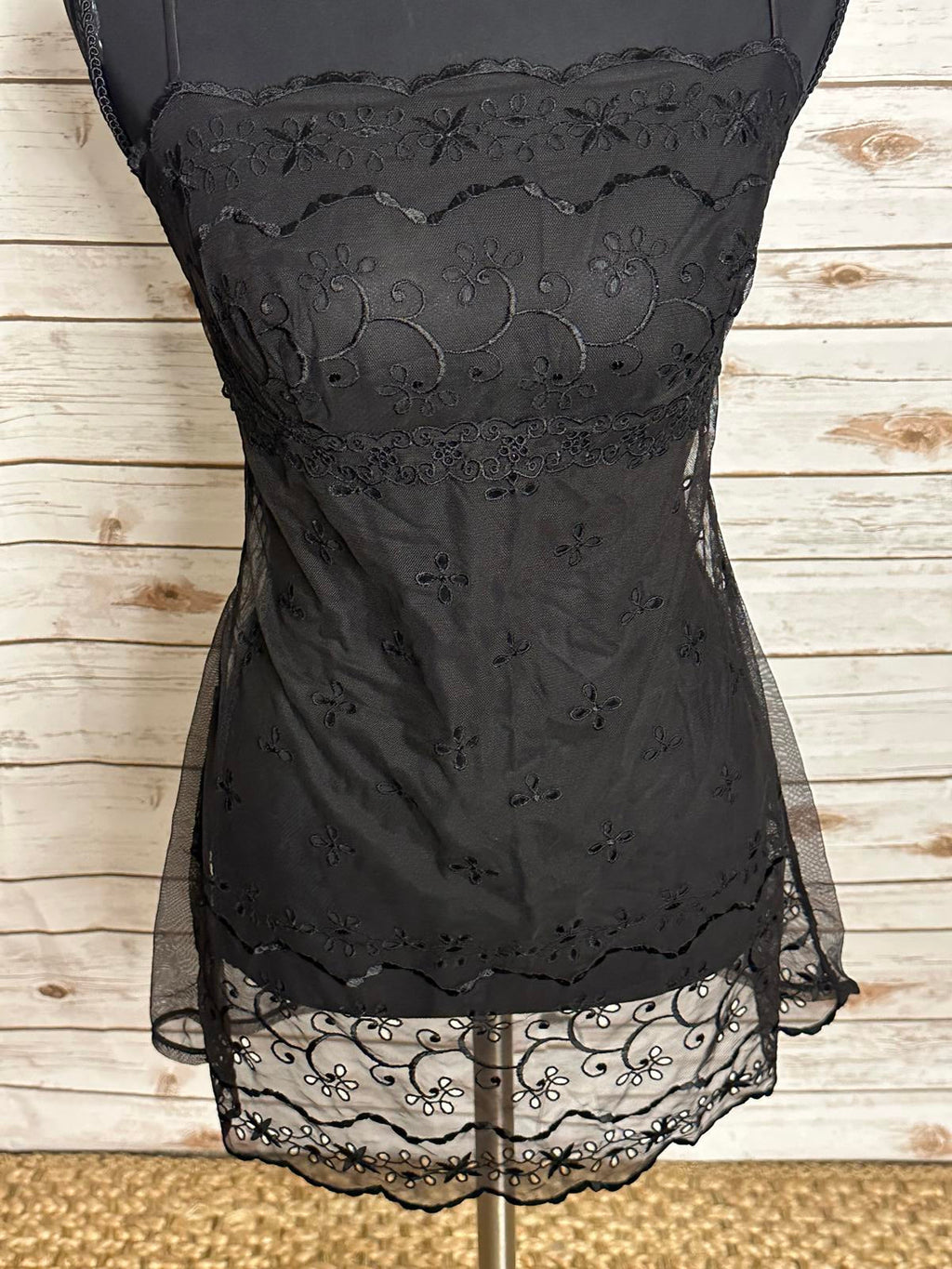 Victoria's Secret black sheer floral embroidered lace babydoll slip dress Size Small