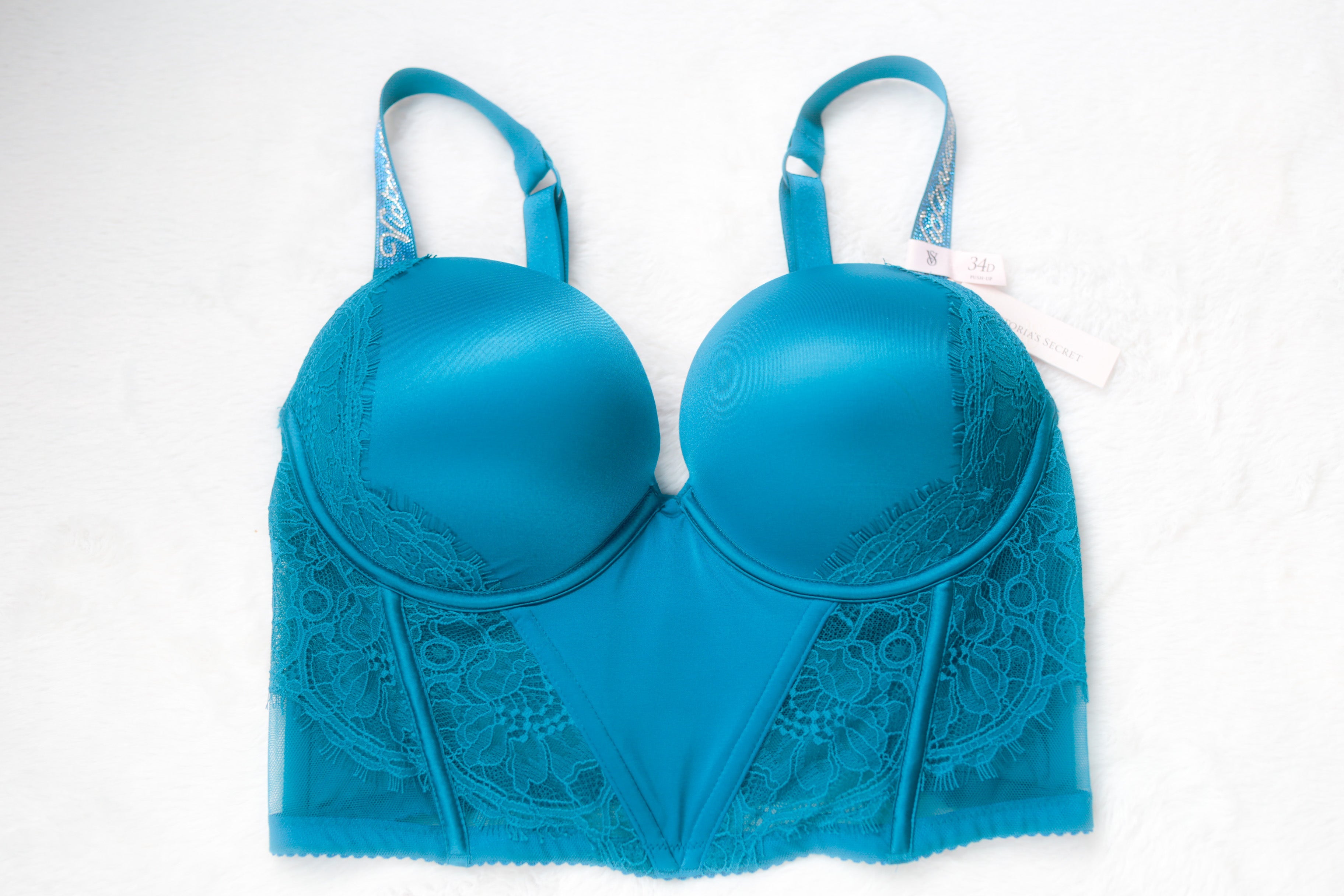 Victoria’s Secret Very Sexy Push Up Cursive Shine Strap Corset Bustier Bra Teal Blue 34D NEW