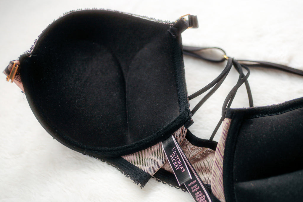Victoria's Secret Bombshell Plunge Front Close Padded Push-up Bra Black Lace Beige 34D