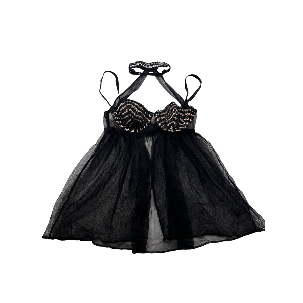Victorias Secret Black Lace Babydoll Lingerie With Underwire & Halter Neck 34B #6135