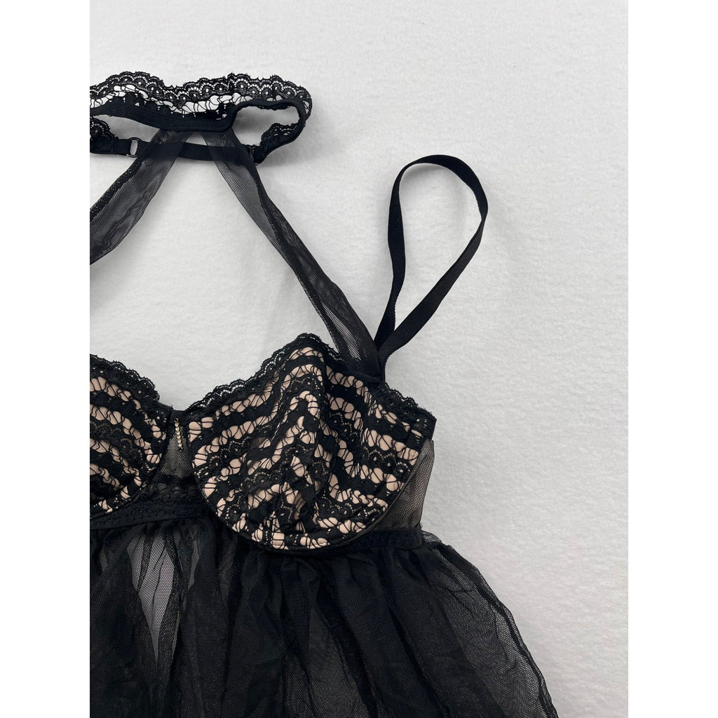 Victorias Secret Black Lace Babydoll Lingerie With Underwire & Halter Neck 34B #6135