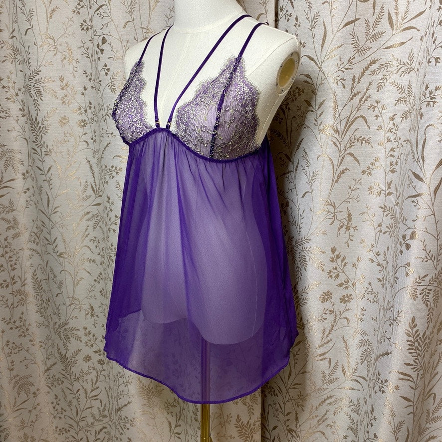 Victorias Secret Purple Chiffon Lace Babydoll Large Cage Back Whimsigoth Regency
