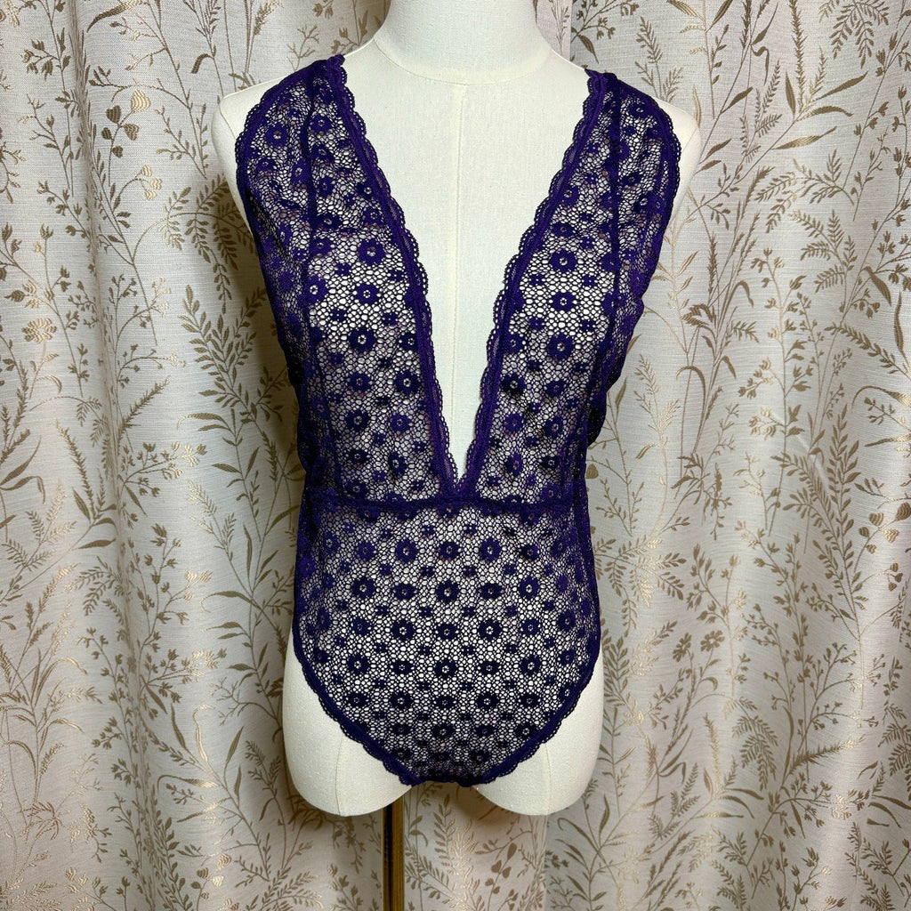 Victoria's Secret Purple Lace Halter Teddy Bodysuit L Plunge Romantic Whimsigoth