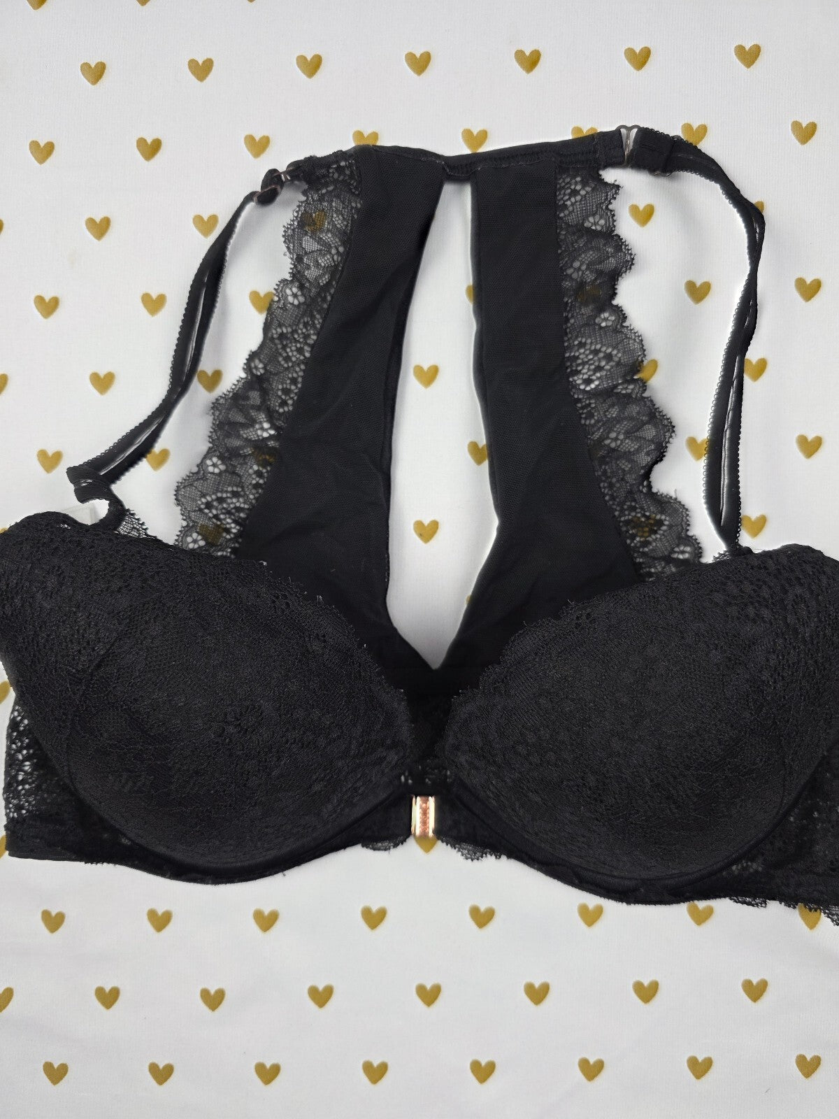 Victorias Secret Black Front Close Racerback Lacey Bra 34D Push Up