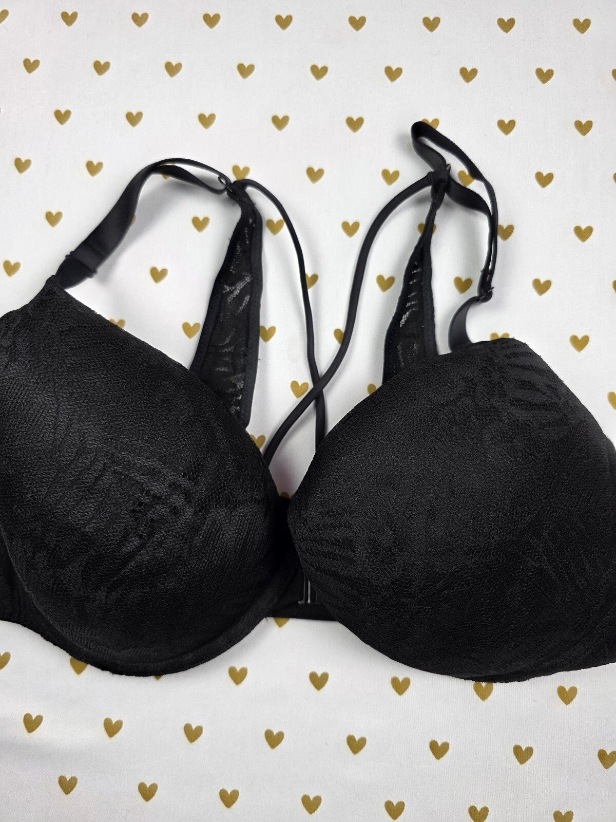 Victorias Secret Pink Black Strappy Front Close Push Up bra 34DD