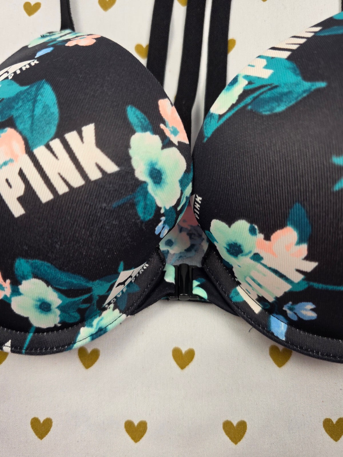 Victorias Secret Pink floral Front Close Racerback Bra 32B Push Up