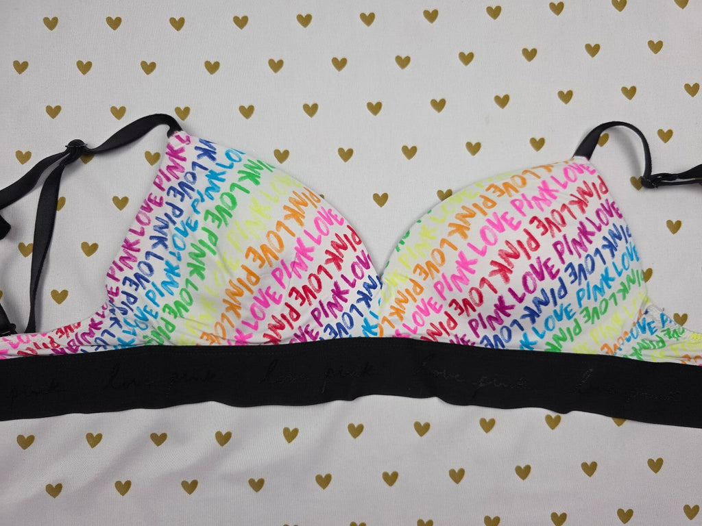 Victorias Secret Pink RAINBOW Logo wireless No Wire Bra 32C Push Up