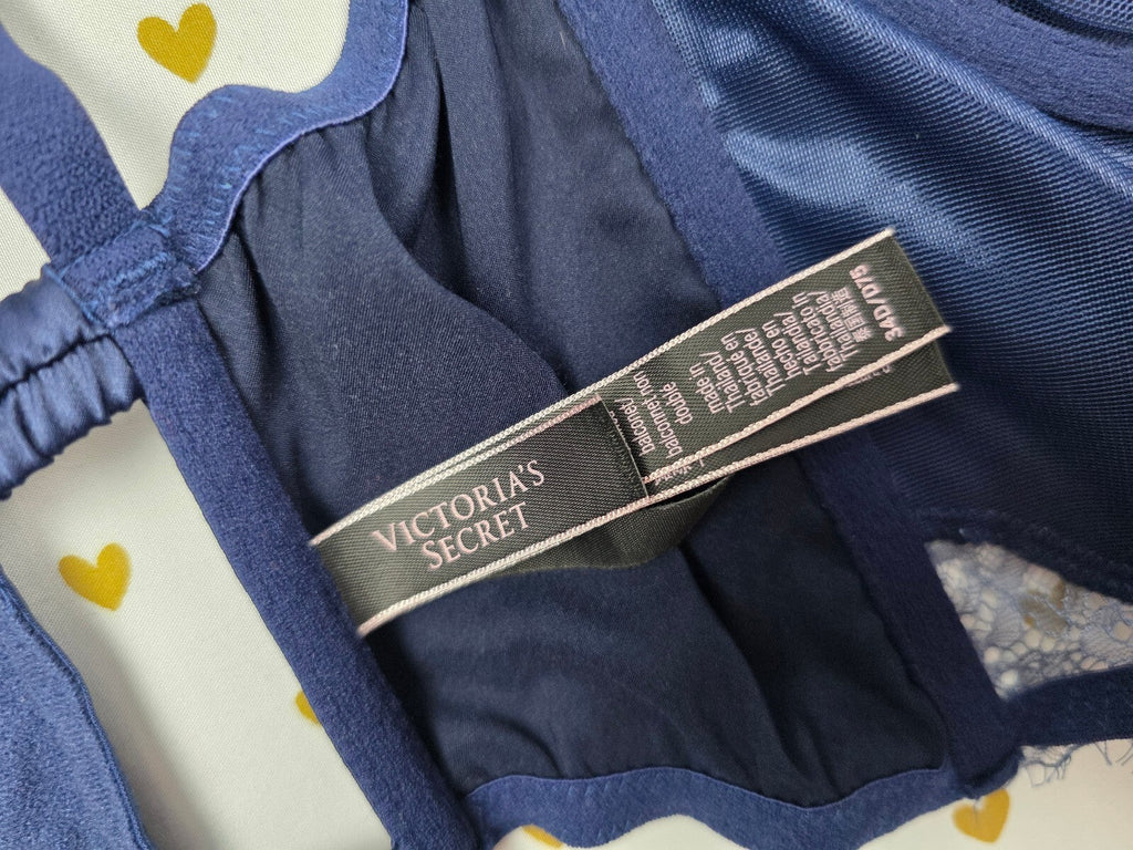 Victorias Secret Blue Satin caged Unlined Balconette demi Bra 34D
