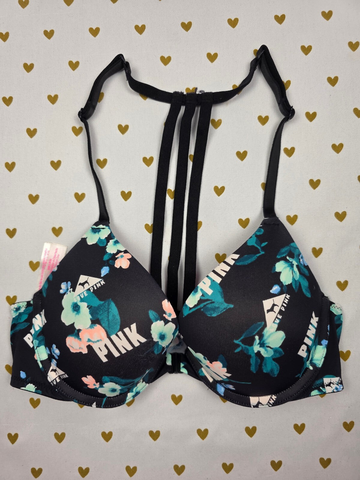 Victorias Secret Pink floral Front Close Racerback Bra 32B Push Up