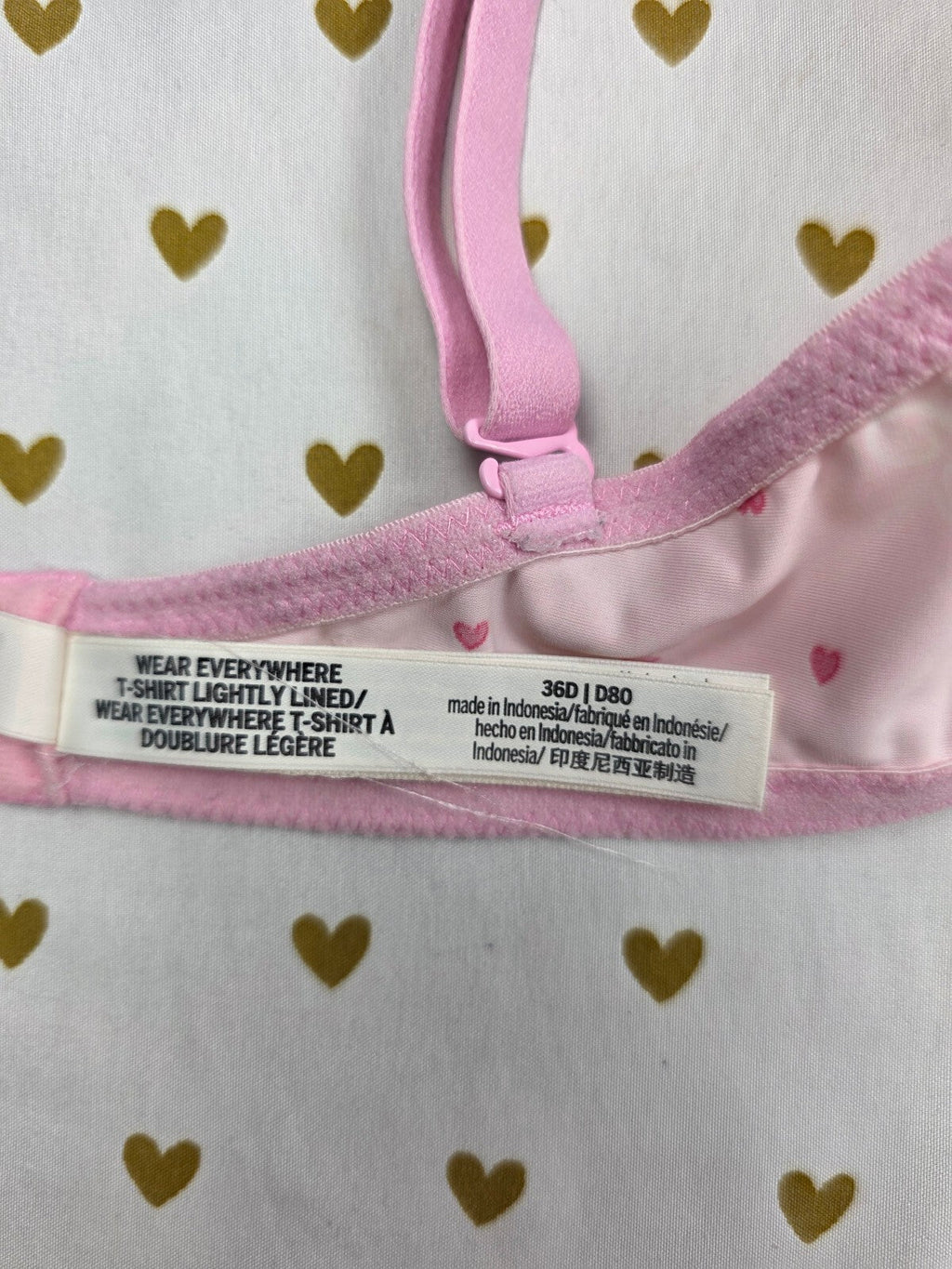 Victorias Secret HEARTS Bra 36D PINK Wear Everywhere T Shirt Lightly Lined