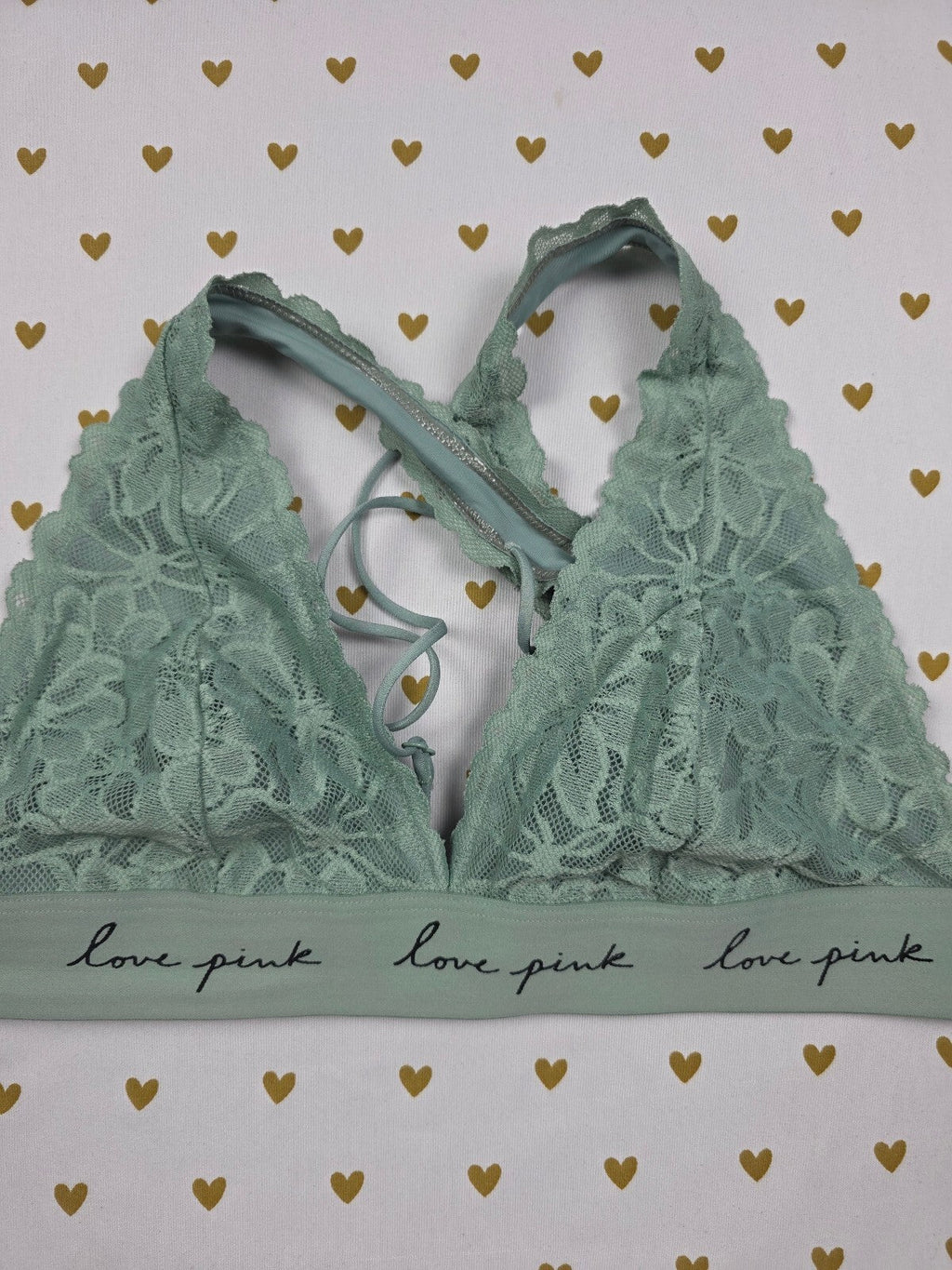 Victorias Secret Pink Green Lace Strappy Caged MEDIUM Bralette Bra Top Tank