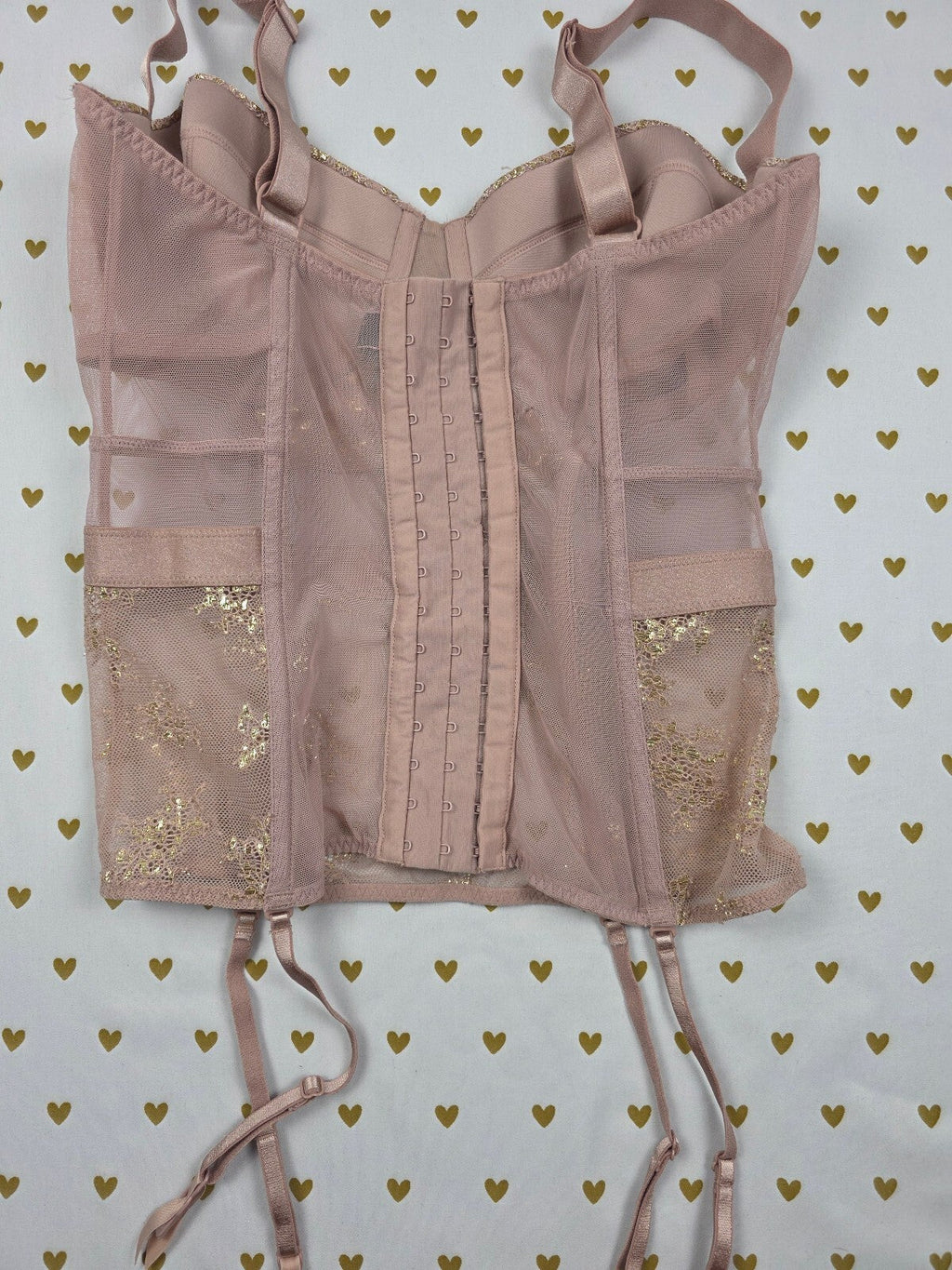 Victoria's Secret Dream Angels Pink Gold Lace Bustier Corset Garter 36D