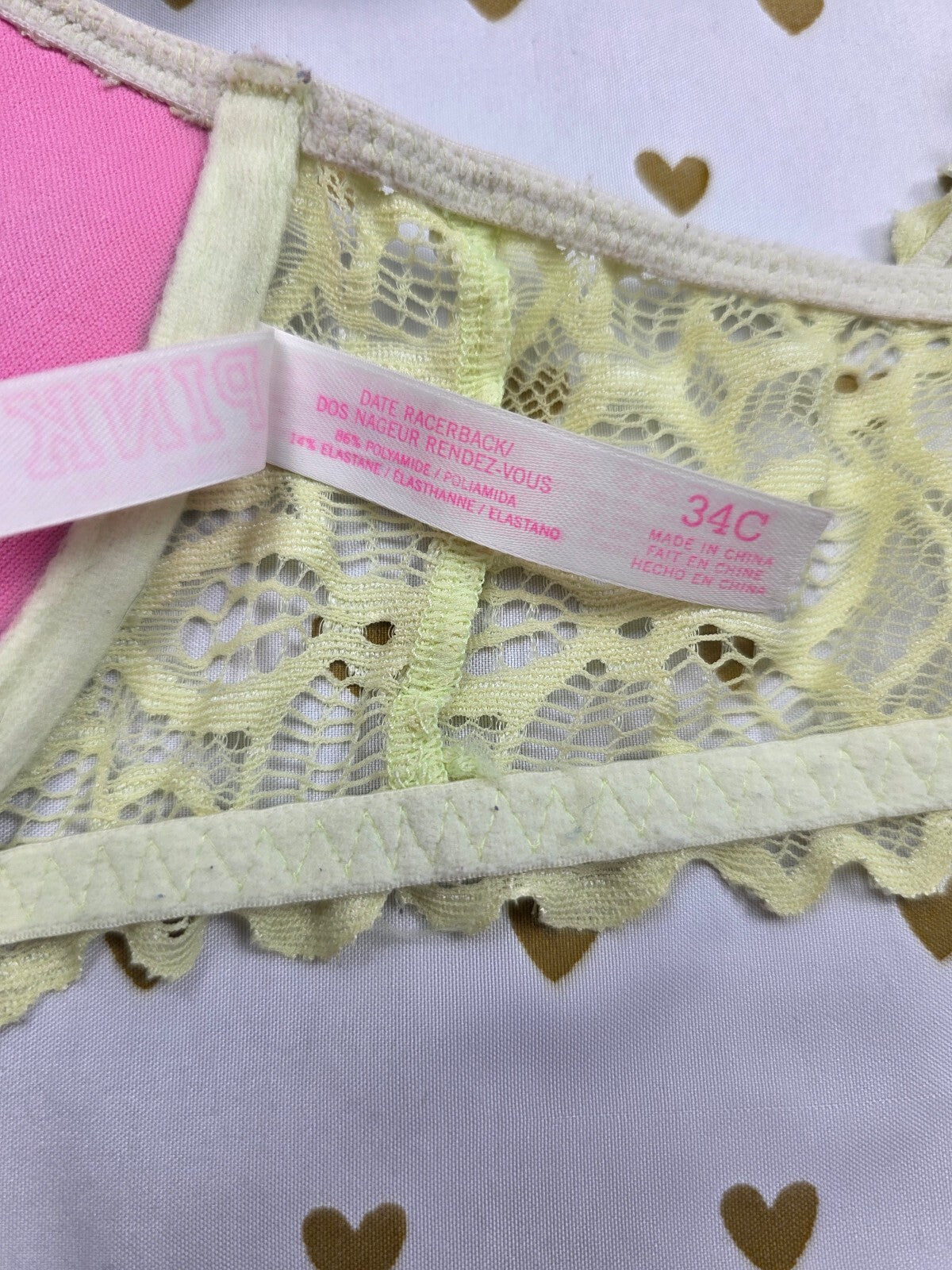 Victorias Secret PINK Yellow Front Close Racerback Lace Bra 34C