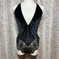 Victorias Secret Black Velvet Shine Teddy Bodysuit M/L Open Back Rhinestone Sexy