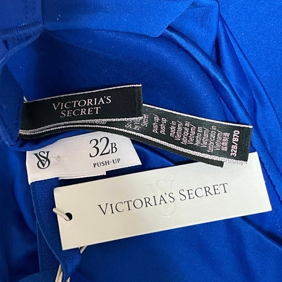 NEW Victoria's Secret Women's Blue Adjustable Satin Wireless Push Up Bra 32B