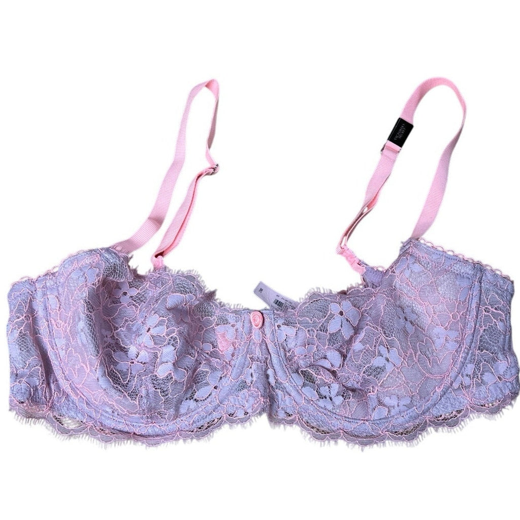 Victoria's Secret Bra Womens 36C Pink Longline Lace Unpadded Floral Underwired