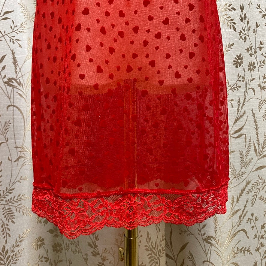 Victorias Secret Red Heart Sheer Mesh Slip Dress Large High Stretch Bodycon Sexy
