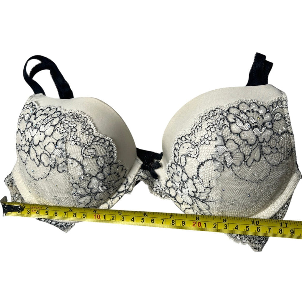 Victoria's Secret Dream Angel Lined Demi Rhinestone White Black Bra Size 32D