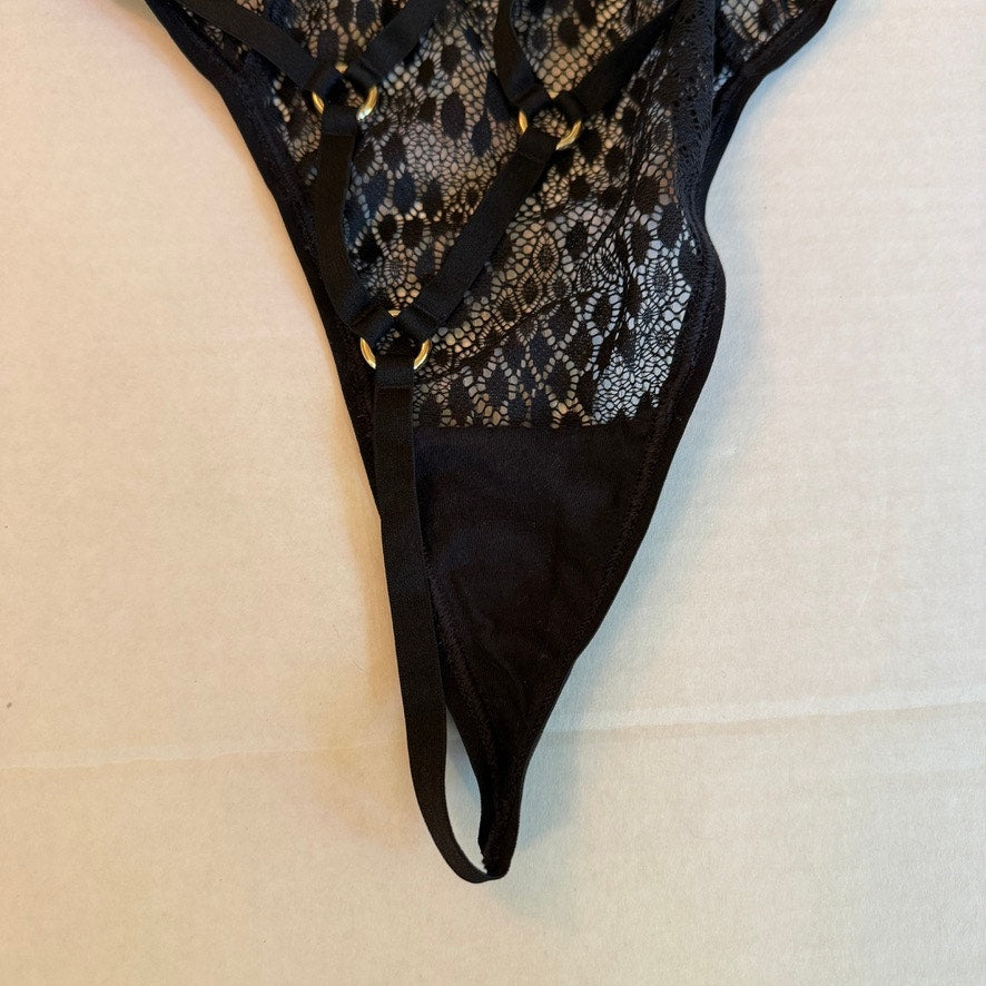 Victoria's Secret Women Black Lace Strappy Cage Teddy Large Vampy Glam Boudoir