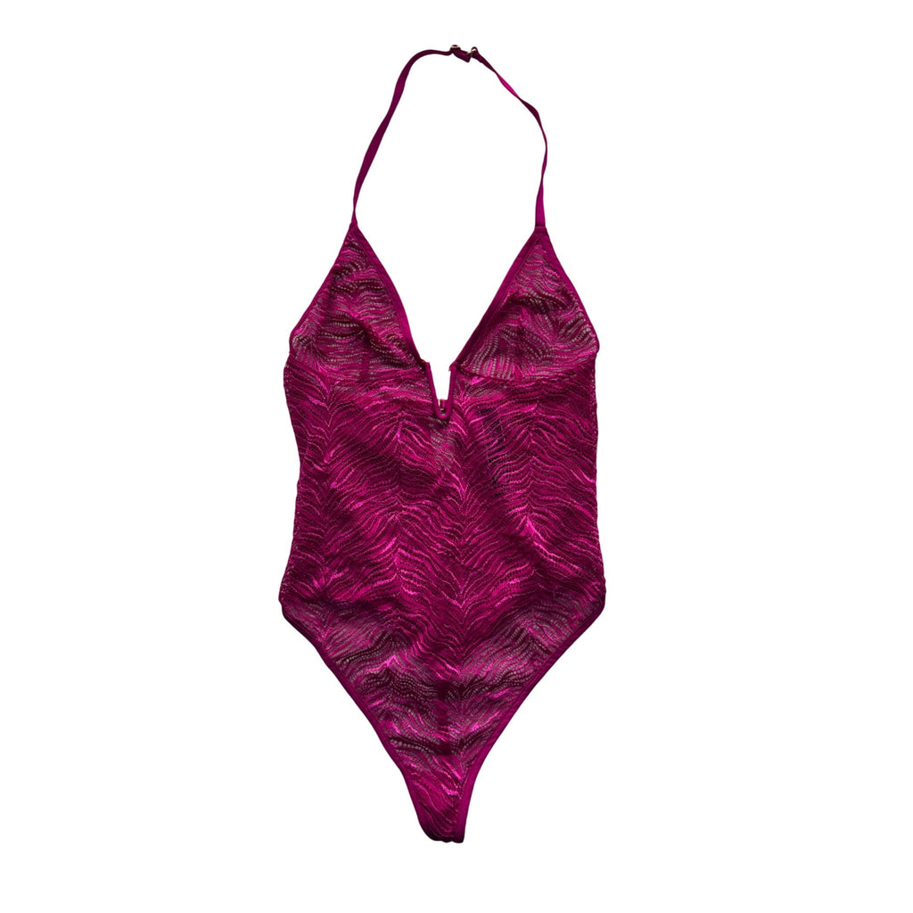 Victorias Secret Lace Halter Bodysuit In Fuchsia With Adjustable Straps S/P #9603