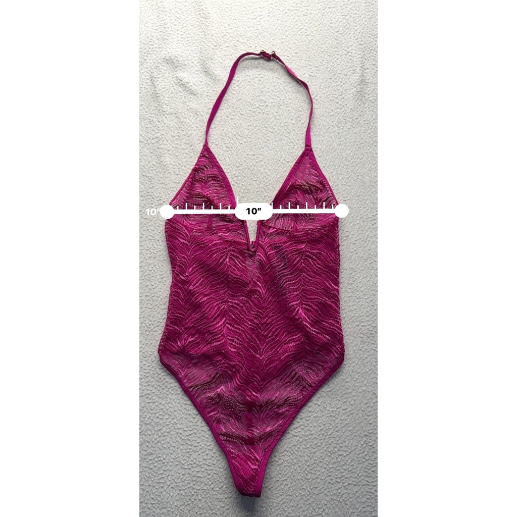 Victorias Secret Lace Halter Bodysuit In Fuchsia With Adjustable Straps S/P #9603